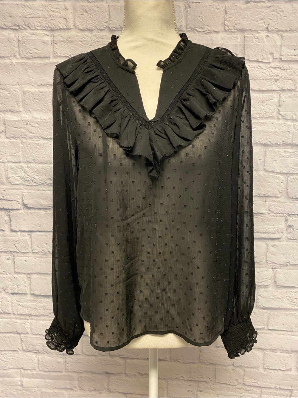 Rachel Zoe Sheer Black Swiss Dot Ruffle V-Neck Blouse Size Small